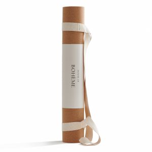 a cork yoga mat and cotton yoga strap made by the house of bohéme